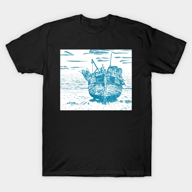 Linoprint Fishing Trawler Hastings Beach T-Shirt by NattyDesigns